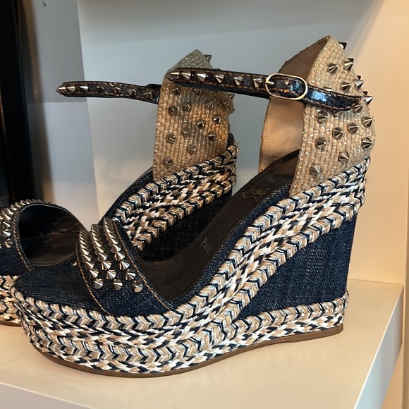 Louboutin denim wedges 38 Madmonica 120 Miss Denim Pat Silver spikes - Picture 5 of 13